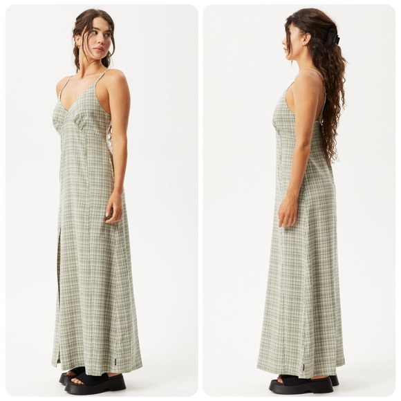 Afends Willow Check V-Neck Maxi Dress in Military Check | Size Small - Picture 3 of 9
